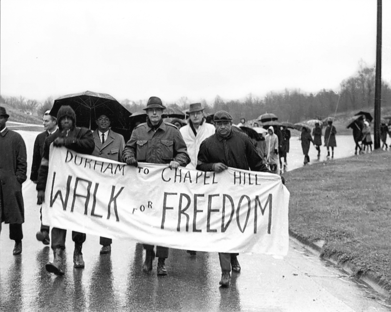 Marchers walk in freezing rain from Durham to Chapel Hill on January 12, 1964