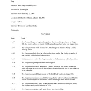 2001.01.22_Hargraves, Frances (In. by Bob Gilgor) (SOHP)_TapeLog.pdf